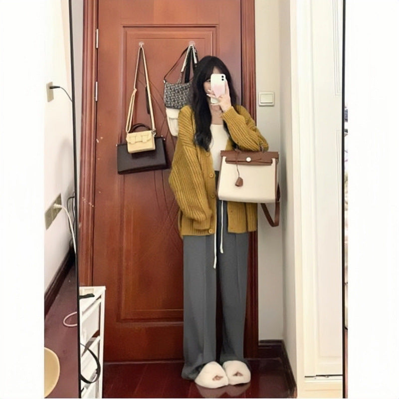 Aiertu fall outfits women Autumn and Winter Creamy-white Lazy Style Sweater Wide Leg Pants High-Grade Three-Piece Suit aiertu