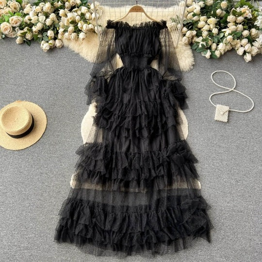 Aiertu summer outfits inspo French Style High-Grade Ruffled Mesh Cake Dress Women's Waist Slimming Temperament off-Shoulder Super Fairy Long Skirt aiertu