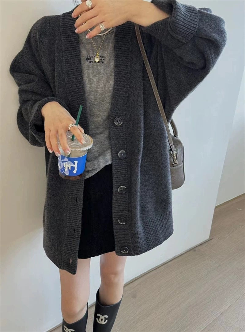 Aiertu joker costume female outfit Korean Style Loose Lazy Style Thickened Mid-Length Cashmere Cardigan Women's Autumn and Winter plus Size V-neck Pure Wool Knitted Coat aiertu