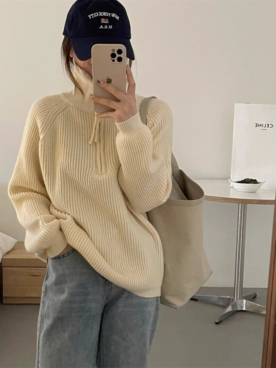 Aiertu clothes Korean Style Half Zipper Sweater Women's Autumn and Winter New Style Pit Design Sense Stand Collar Soft Glutinous Loose Outer Wear Sweater Top aiertu