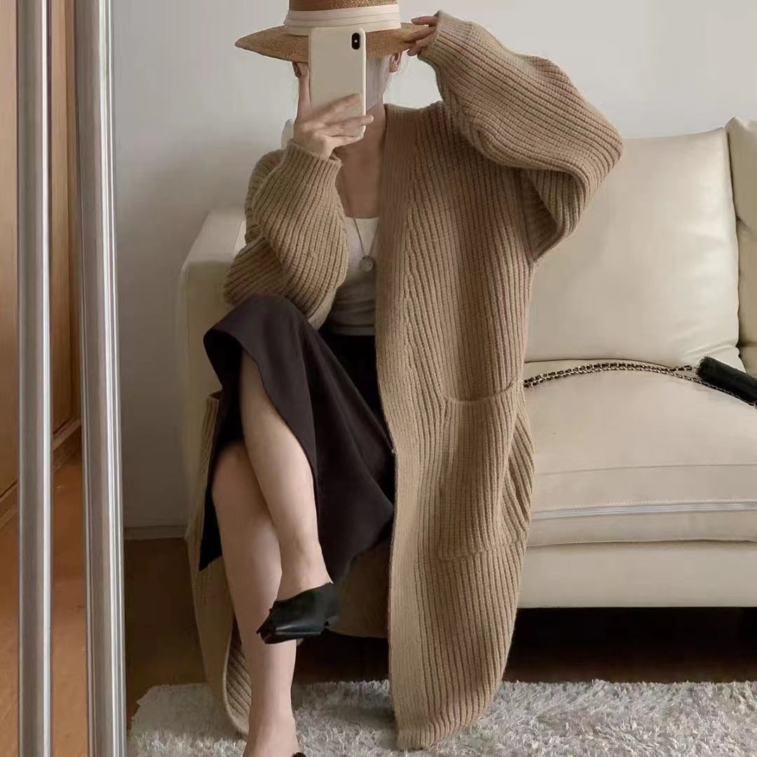 Aiertu fall outfits Solid Color Knitted Cardigan Women's Autumn and Winter Loose Temperament V-neck Lazy Style Mid-Length over-the-Knee Sweater Coat Fashion aiertu