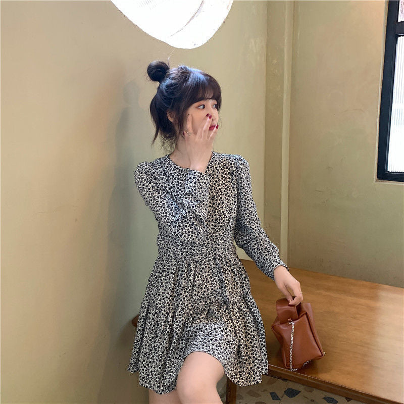Aiertu outfits Autumn and Winter Women's Skirt Vintage Floral Long Sleeve Dress Elegant Waist Slimming Small Skirt aiertu