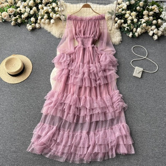 Aiertu summer outfits inspo French Style High-Grade Ruffled Mesh Cake Dress Women's Waist Slimming Temperament off-Shoulder Super Fairy Long Skirt aiertu