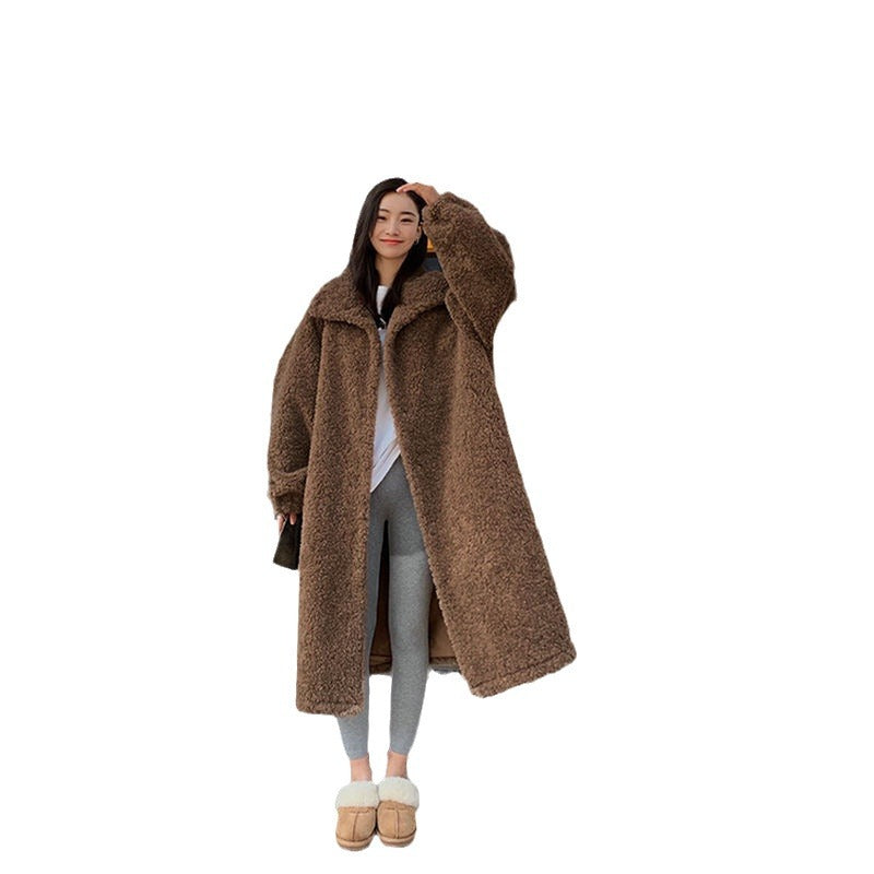 Aiertu simple winter outfits Maillard Small Teddy Wool Stand Collar Coat Long Cashmere Lamb Fur Coat Thickened Loose aiertu