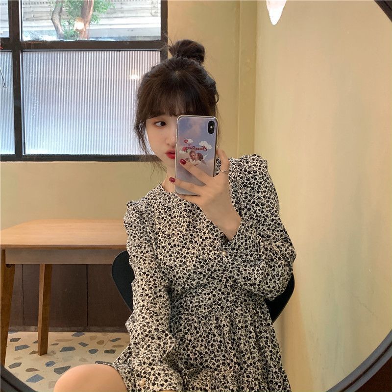 Aiertu outfits Autumn and Winter Women's Skirt Vintage Floral Long Sleeve Dress Elegant Waist Slimming Small Skirt aiertu