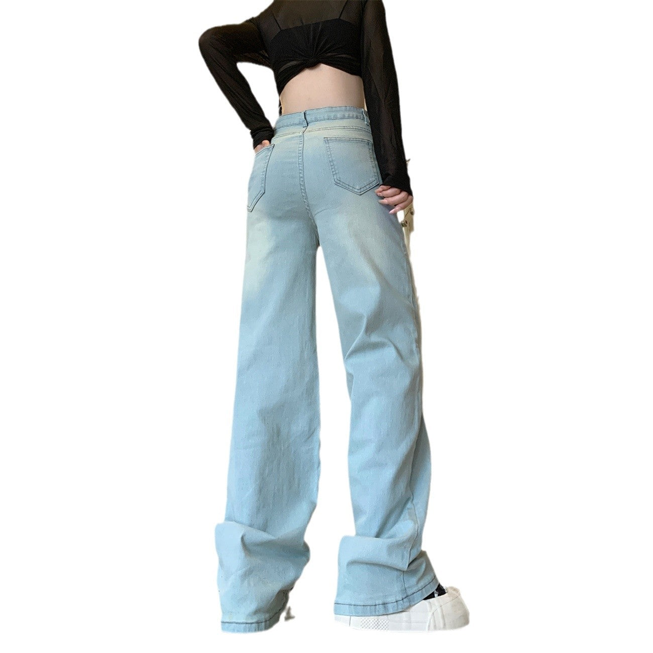 Aiertu Stretch High Street Nostalgic Light-Colored High Waist Jeans Women's Straight Mop Drape Small Narrow Wide Leg aiertu