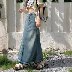 Aiertu 90s fashion Autumn New Women's Retro Frayed Denim Skirt High Waist Slimming A- line Large Swing Dress Sexy aiertu