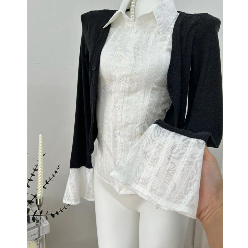 Aiertu y2k outfits Fake Two-Piece Top Dark Gray Knitwear Stitching Elegant Slim Flared Sleeve Shirt aiertu