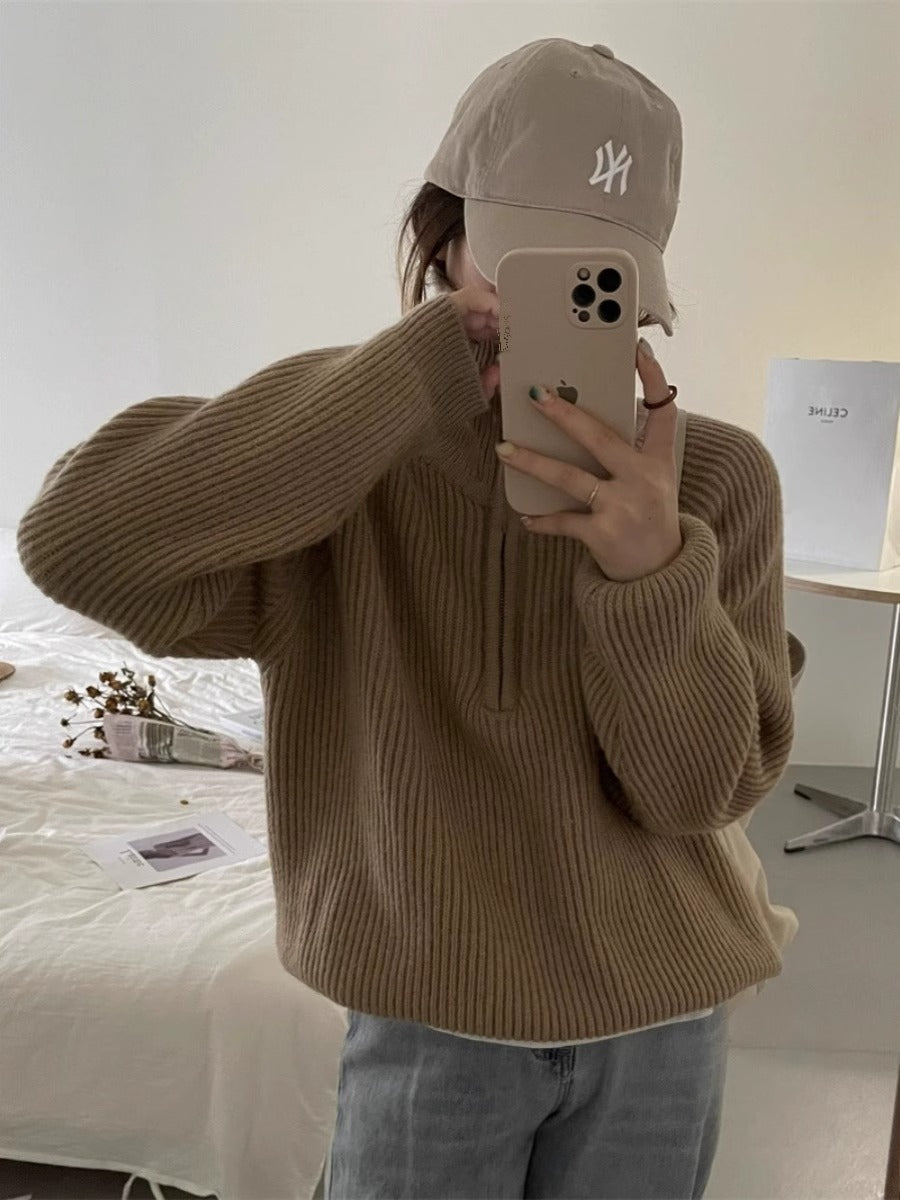 Aiertu clothes Korean Style Half Zipper Sweater Women's Autumn and Winter New Style Pit Design Sense Stand Collar Soft Glutinous Loose Outer Wear Sweater Top aiertu