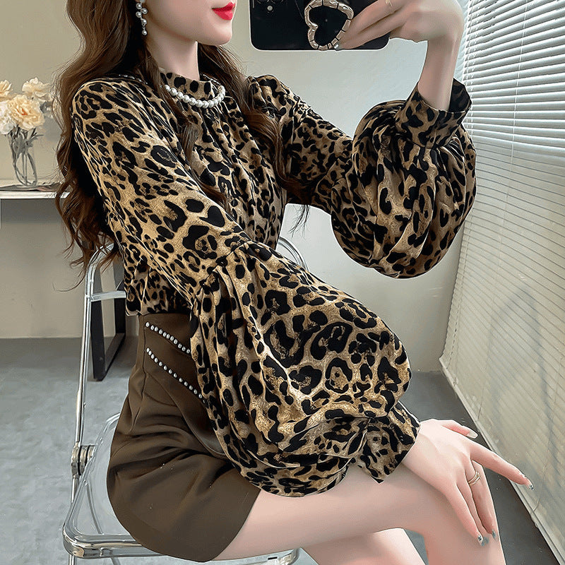 Aiertu business casual outfits Leopard Print Fashion Top Independent Lantern Sleeve Loose Temperament Shirt for Women aiertu