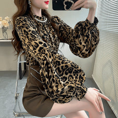 Aiertu business casual outfits Leopard Print Fashion Top Independent Lantern Sleeve Loose Temperament Shirt for Women aiertu