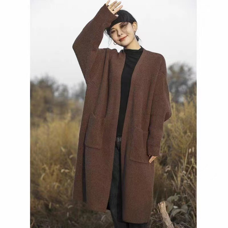 Aiertu fall outfits Solid Color Knitted Cardigan Women's Autumn and Winter Loose Temperament V-neck Lazy Style Mid-Length over-the-Knee Sweater Coat Fashion aiertu