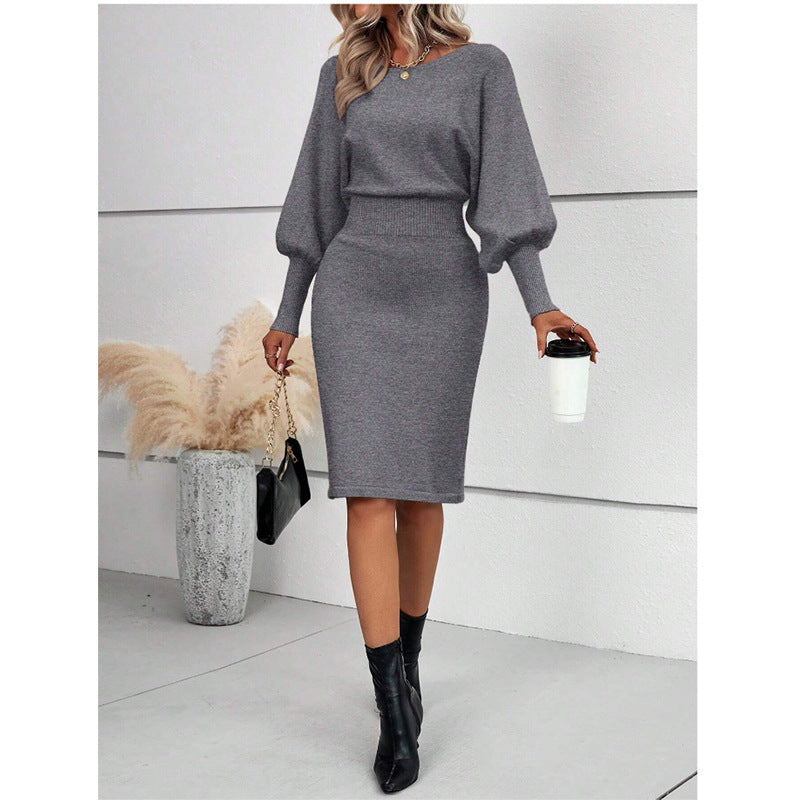 Aiertu black sweater dress outfit Women's Knitted Sweater Dress Elegant round Neck Long Sleeve Sexy Solid Color Waist Slimming Sheath Skirt aiertu