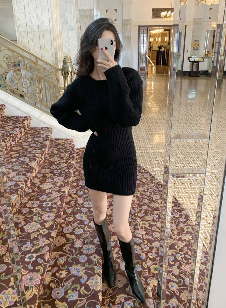 Aiertu outfits Korean Style Thick Wool Knitted Skirt Dress Women's Autumn and Winter French Temperament Slim Skirt Sweater aiertu