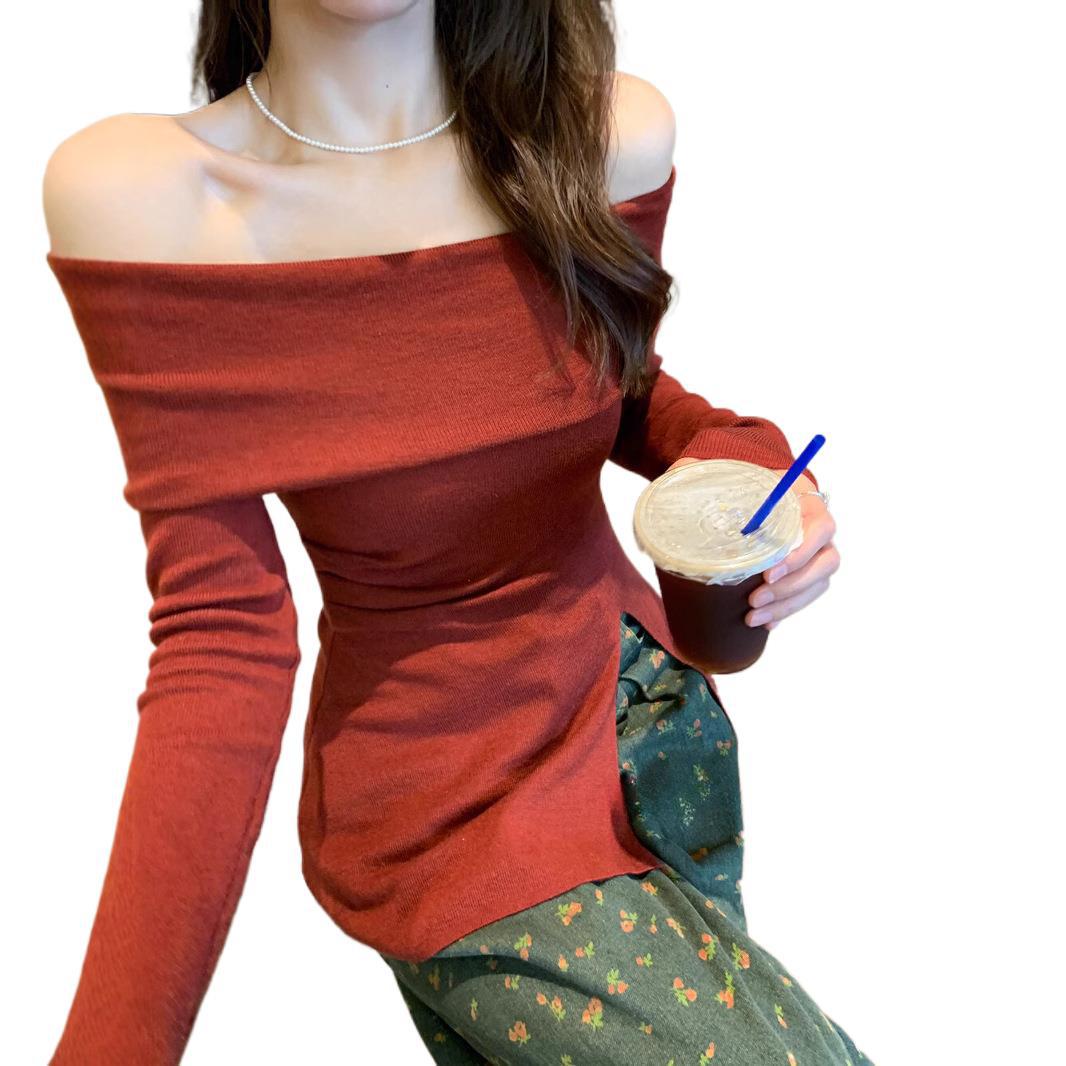 Aiertu christmas costumes women Korean Style Commuter Retro French Style Temperament off-Shoulder Split Design Sweater Women's Top aiertu