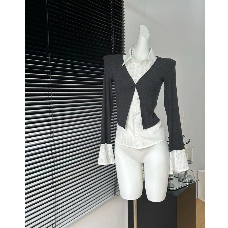 Aiertu y2k outfits Fake Two-Piece Top Dark Gray Knitwear Stitching Elegant Slim Flared Sleeve Shirt aiertu