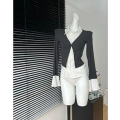 Aiertu y2k outfits Fake Two-Piece Top Dark Gray Knitwear Stitching Elegant Slim Flared Sleeve Shirt aiertu