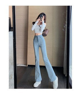 Aiertu egirl style Black Micro Flared Jeans Women's Spring High Waist Slimming Horseshoe Pants Small aiertu