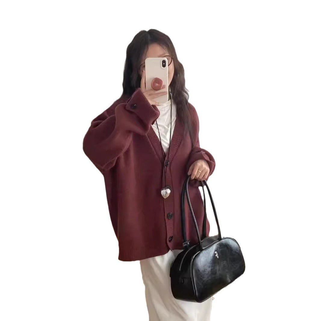 Aiertu joker costume female outfit Lazy Style V-neck Soft Glutinous Sweater Coat Women's Autumn and Winter Loose Large Casual Knitted Cardigan Top aiertu