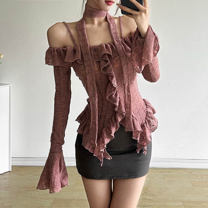 Aiertu trashy outfits Style Autumn Solid Color Sexy off-Neck Long Sleeve Slim Fit Wooden Ear T-shirt aiertu