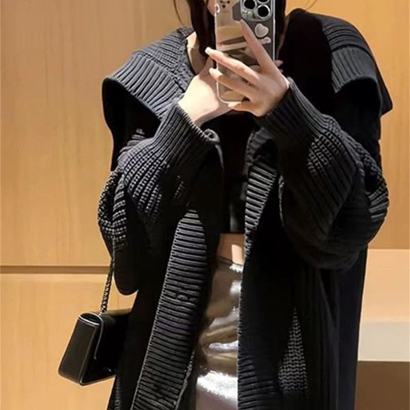 Aiertu grunge outfits New Black Turtleneck Sweater Coat Female Niche Early Autumn Lazy Wind Loose Outer Wear Knitted Cardigan aiertu