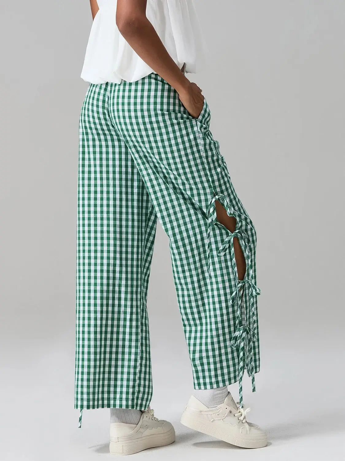 AIERTU  -  Women Plaid Wide Leg Pants Side Tie-Up Hollow-Out Loose Straight Trousers Bottoms Spring Summer Fashion Casual Sweatpants Aiertu