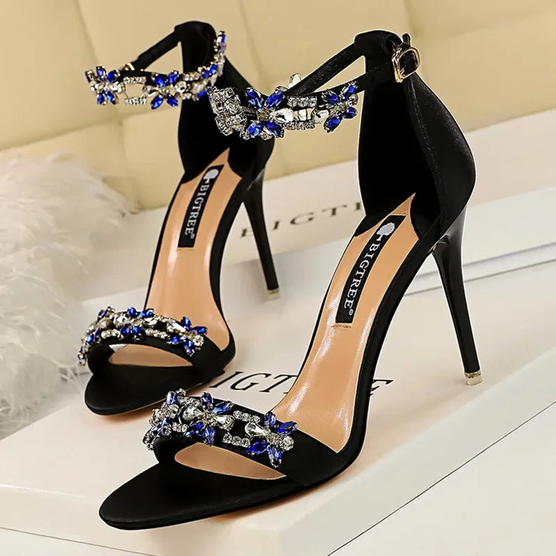 Aiertu Women Fetish 9cm High Heels Crystal Designer Sandals Lady Silk Wedding Bridal Heels Glitter Rhinestone Flower Satin Strap Shoes Aiertu