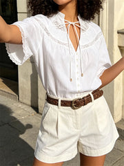 AIERTU  -  Women's Lace Trim Blouse Short Sleeve V Neck Button Up Loose Fit Sheer Tops Summer Casual Daily Out Going White Shirts Aiertu