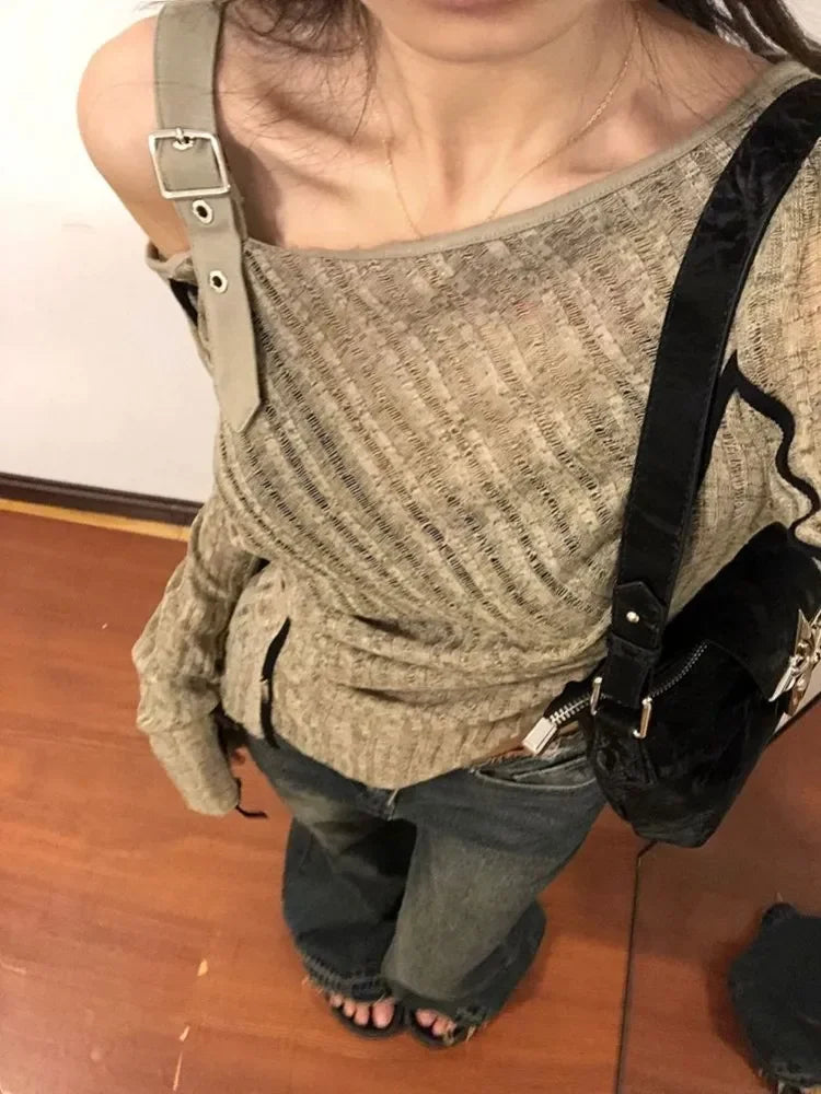 Aiertu 2024 Spring Autumn Grunge Fashion Off Shoulder T-shirts Streetwear Slim Hollow Out Knitted Top Women Patchwork 2k Aesthetic Tees Aiertu