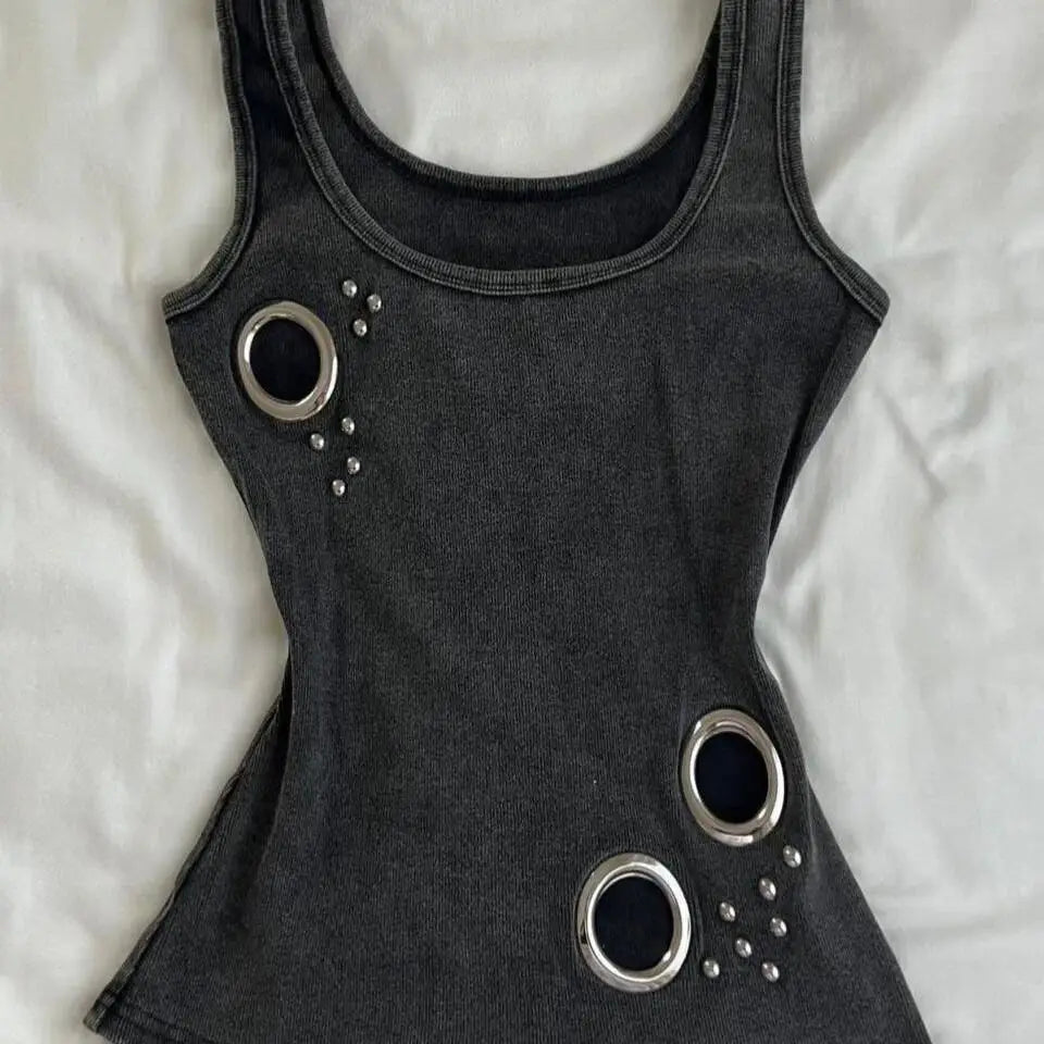 AIERTU  -  Summer new metal ring decoration slimming sleeveless women clothing retro washed fabric camisole vest for women Aiertu