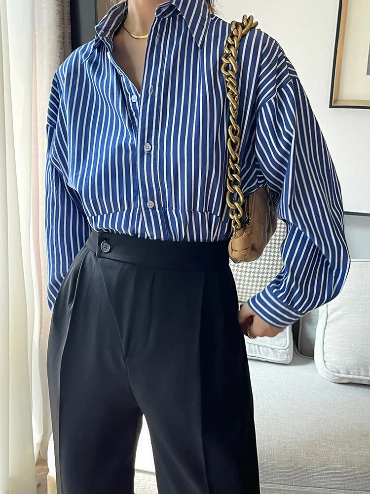 Aiertu Blue Striped Shirts for Women Spring Korean Loose Button Up Turn Down Collar Long Sleeve Tops Casual Blouses Aiertu