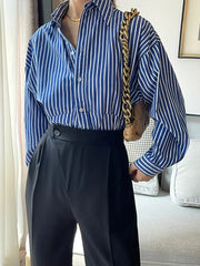 Aiertu Blue Striped Shirts for Women Spring Korean Loose Button Up Turn Down Collar Long Sleeve Tops Casual Blouses Aiertu