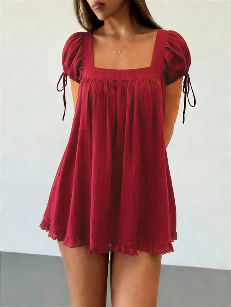 AIERTU  -  Women's Square Neck Puff Sleeve Blouse Loose Fit Ruffle Hem Lace Trim Babydoll Top for Casual Summer Beach and Vacation Outfits Aiertu