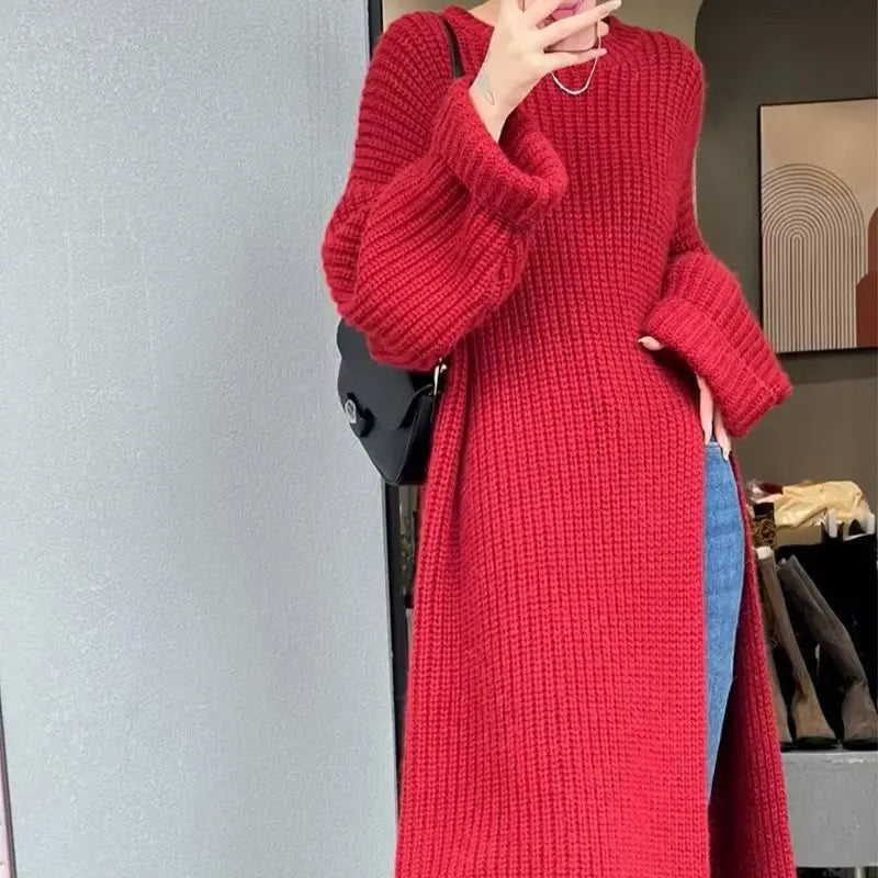 AIERTU  -  Women's Red Oversized Chunky Knit Maxi Sweater Dress Long Sleeve Loose Fit Casual Warm Autumn Winter Knitwear Gown Aiertu