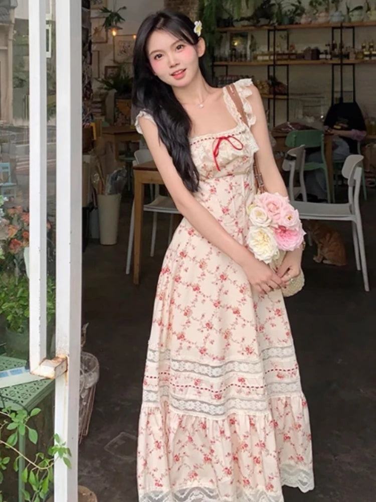 Aiertu Summer French Elegant Floral Midi Dress Beach Style Korean Fashion Lace Dress Evening Party Sexy Sleeveless Dress Woman Chic Aiertu