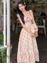 Aiertu Summer French Elegant Floral Midi Dress Beach Style Korean Fashion Lace Dress Evening Party Sexy Sleeveless Dress Woman Chic Aiertu