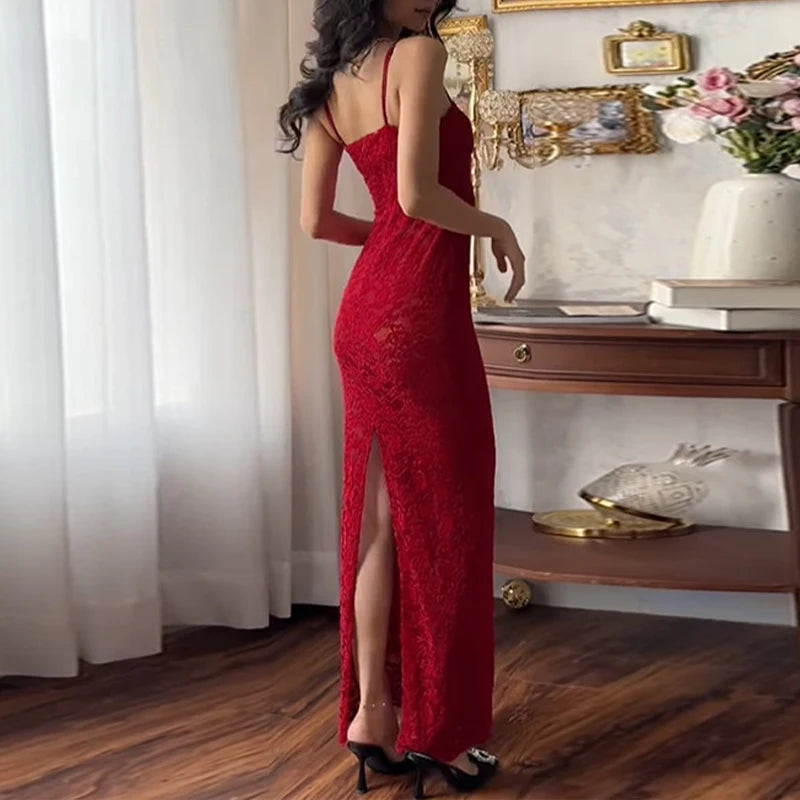 AIERTU  -  Vintage Lace Spaghetti Strap See Through Bodycon Split Summer Long Dress Women Evening Party Sexy Slim Fit Vestidos Aiertu