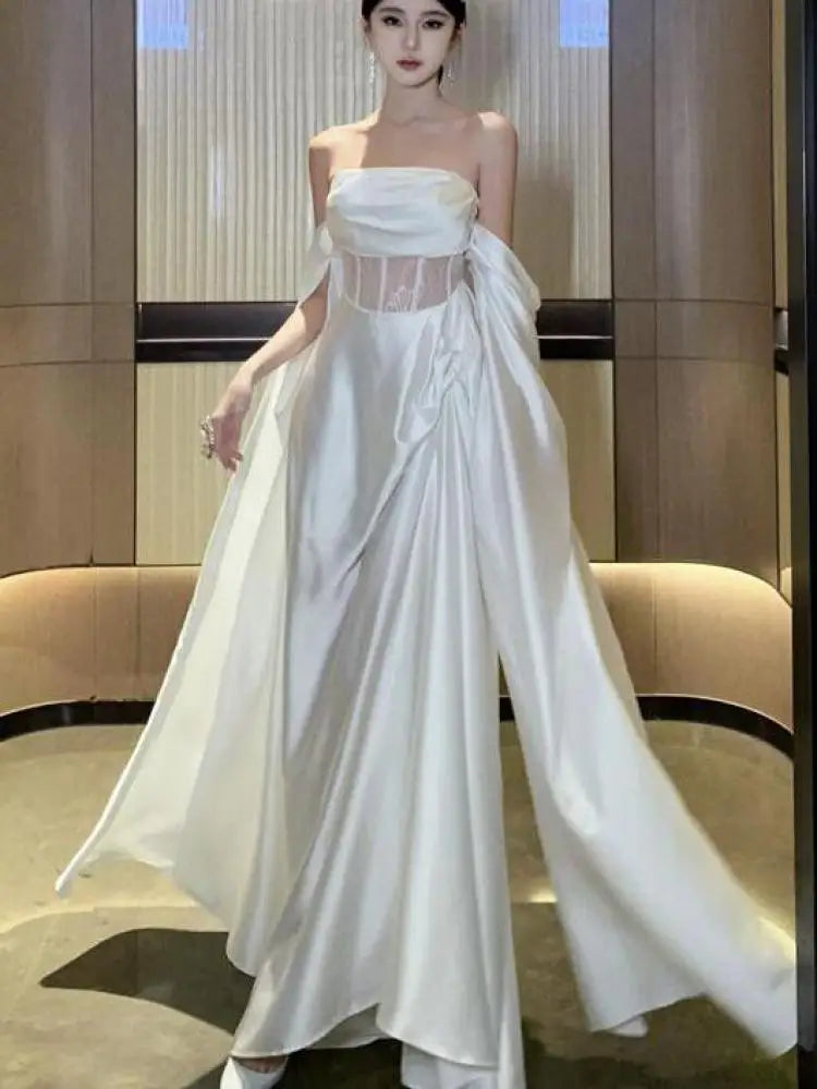 Aiertu Retro White Lace High Waist Off Shoulder Strapless Long Dress Women Sleeveless Backless Pleated Party Evening Dresses Summer New Aiertu