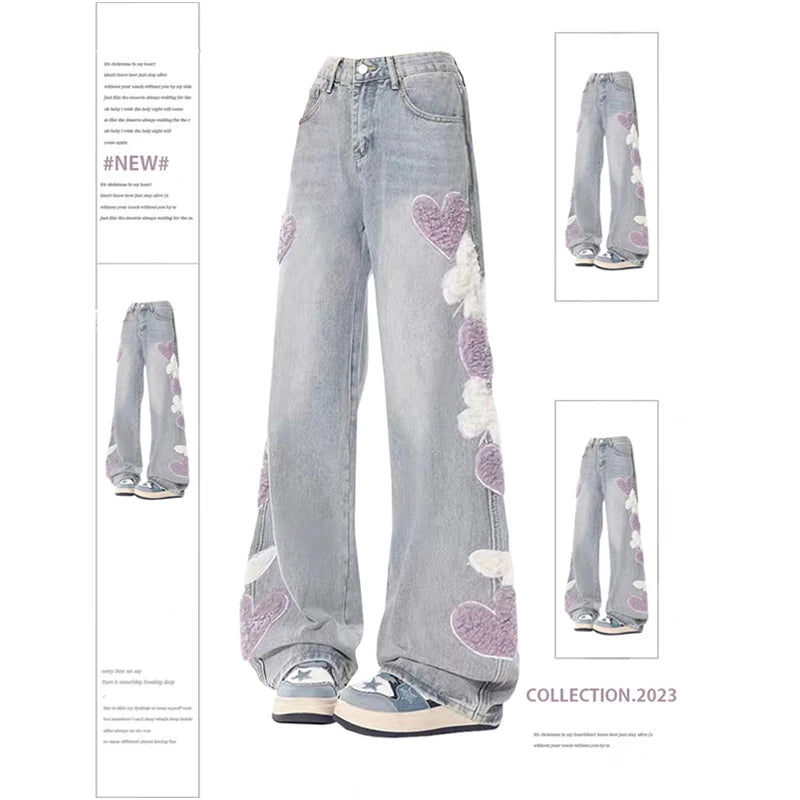 Aiertu Women Jeans with Heart Vintage Y2k 90s Aesthetic Baggy Denim Trouser 2000s Harajuku Kawaii Wide Cowboy Pants Trashy Clothes Aiertu