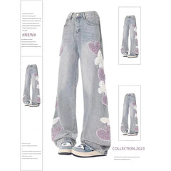 Aiertu Women Jeans with Heart Vintage Y2k 90s Aesthetic Baggy Denim Trouser 2000s Harajuku Kawaii Wide Cowboy Pants Trashy Clothes Aiertu