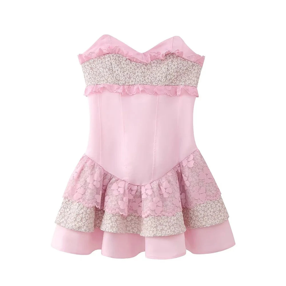 Aiertu 2024 Spring New Product Women's Fashion Sexy Lace Lace Lace Layered Decoration Bra Slim Fit Short Dress Aiertu