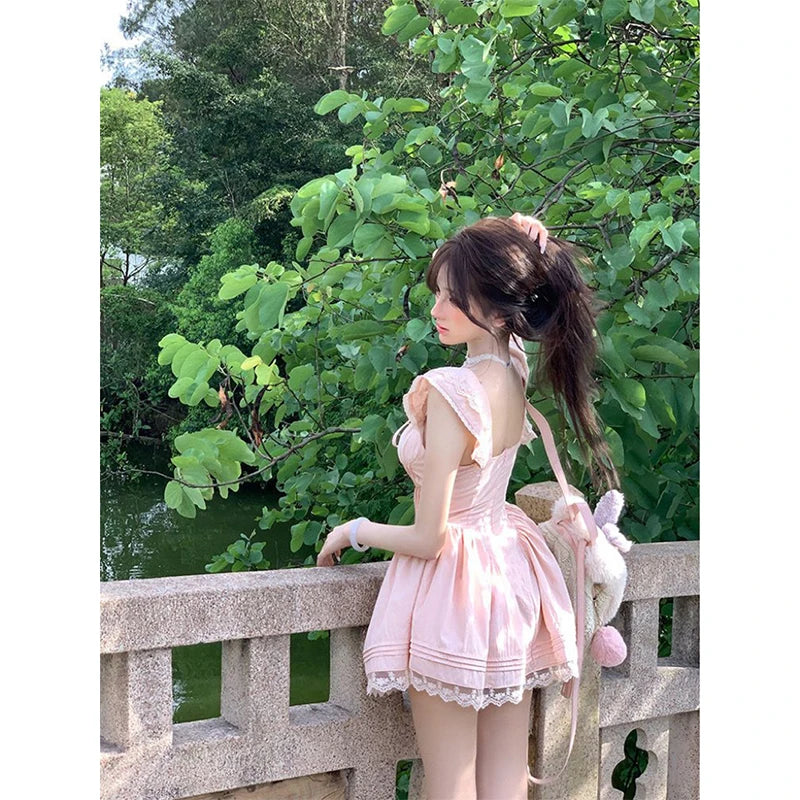 AIERTU  -  Kawaii Pink Mini Dress Women Party Cutecore Lace Patchwork Dresses Summer Japanese Fashion Flying Sleeve Bodycon A Line Vestidos Aiertu