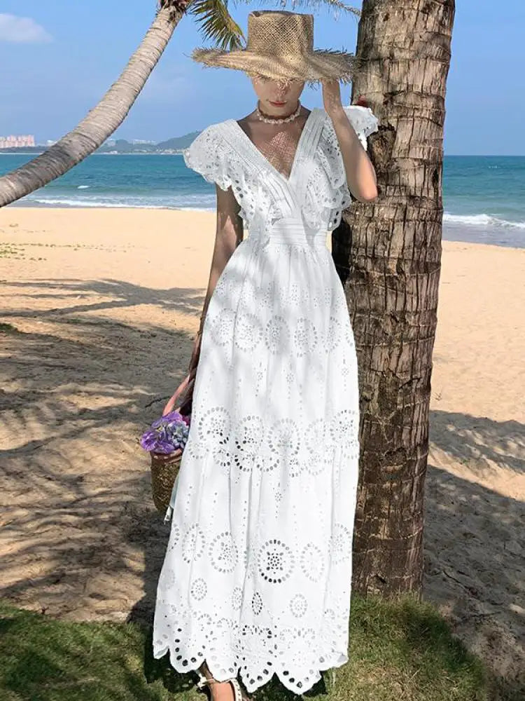 Aiertu White Daisy Flower Embroidery Hollow Out Fly Sleeves Dress Women Summer V Neck Ladies Elegant Fashion Ruffles Fairy Long Dresses Aiertu