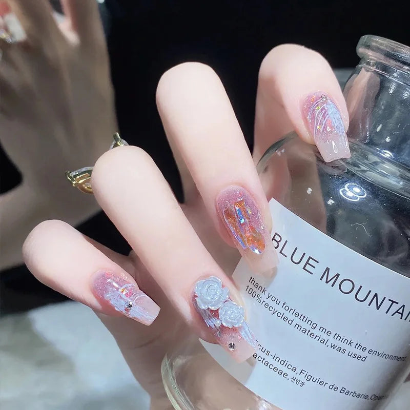 Aiertu 24Pcs Valentine Nails Press on Love Y2k Acrylic Nails Sparkle Butterfly French Cat Eye Almond Full Cover Stick on False Nail Tip Aiertu