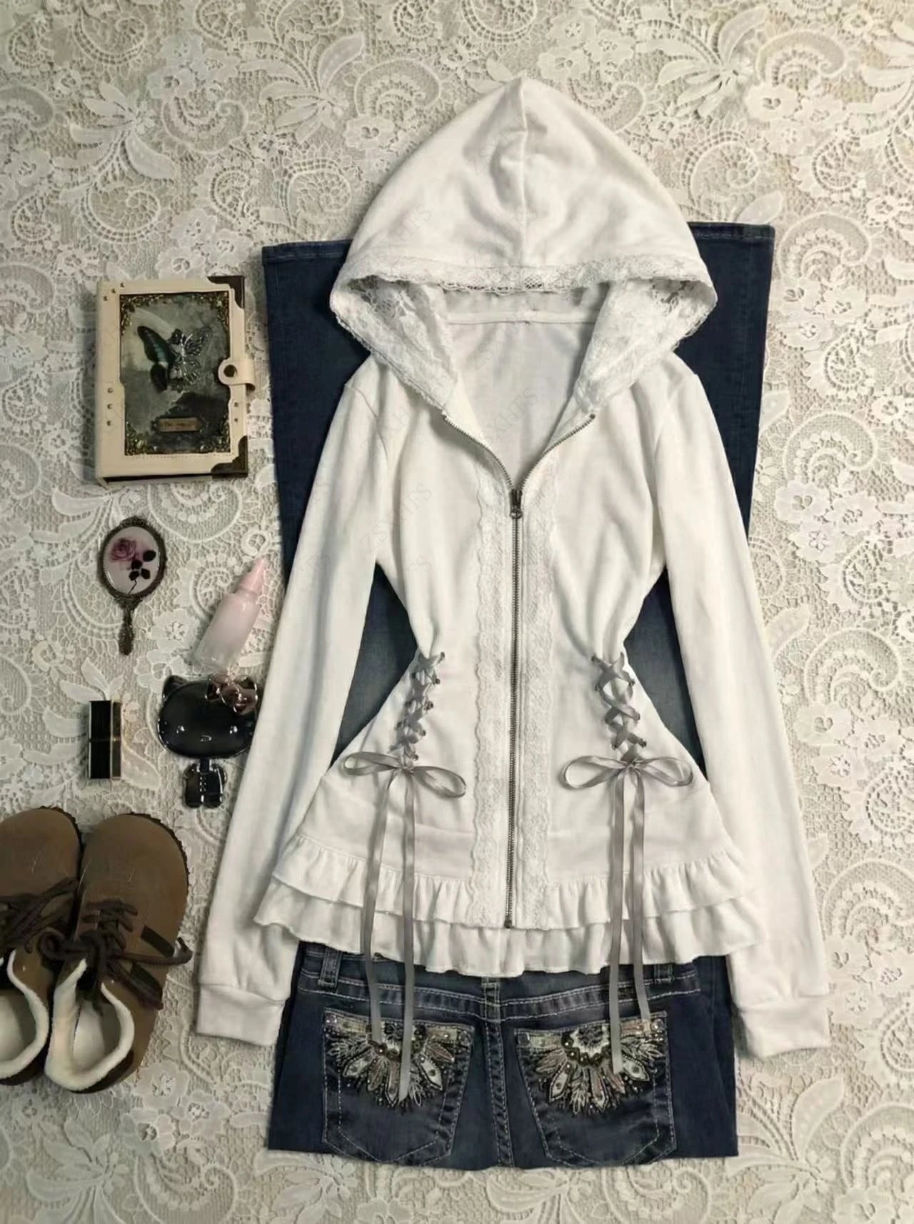 AIERTU  -  Aesthetic Hoodie Women Clothing Lace Sweet Cute White Bandage Korea Chic Zip Up Hoody Vintage 2000s Kawaii Sweatshirt Y2k Coats Aiertu