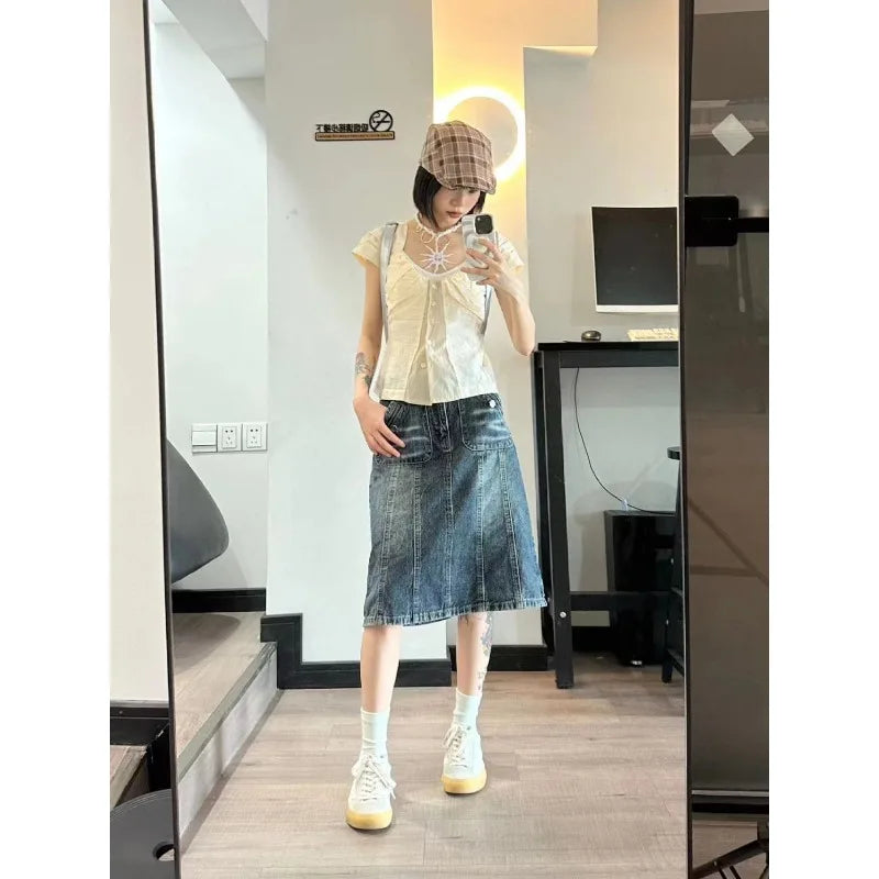 Aiertu Y2K Vintage Women's Blouse See Through Short Sleeve Slim Shirts Japanese 2000s Style Summer Gyaru Streetwear Cardigan Aiertu