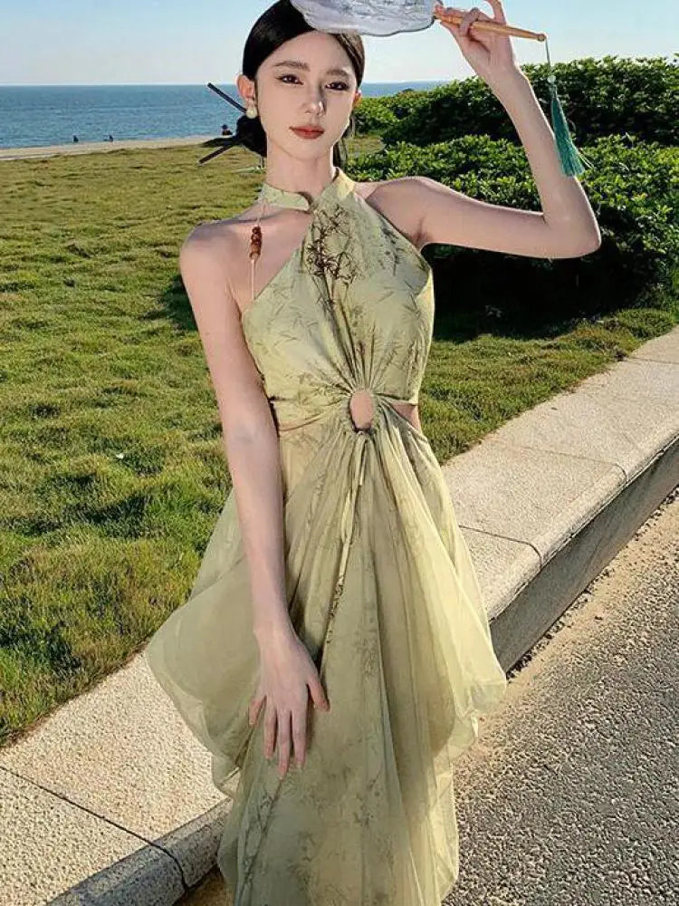 Aiertu Vintage Green Mesh Bamboo Print Sexy Sleeveless Elegant Slim Chinese Long Dress Summer Hollow Off Shoulder Pleated Dresses Boho Aiertu