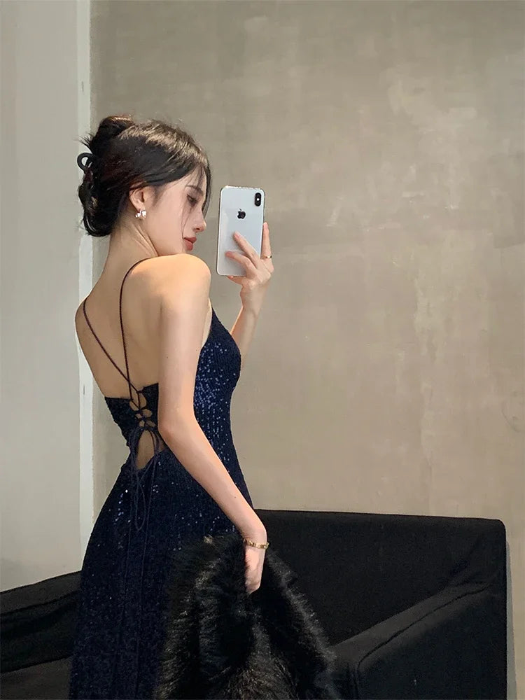 Aiertu Women Evening Dress Vintage 90s Korean Sequins Off Shoulder Party Club Long Dress Harajuku Elegant Y2k One Piece Frocks Clothes Aiertu