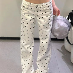 AIERTU  -  Women Polka Dot Jeans Low Rise Baggy Wide Leg White Y2K Vintage Retro Floor Length Pants Loose Straight Casual Street Style Aiertu