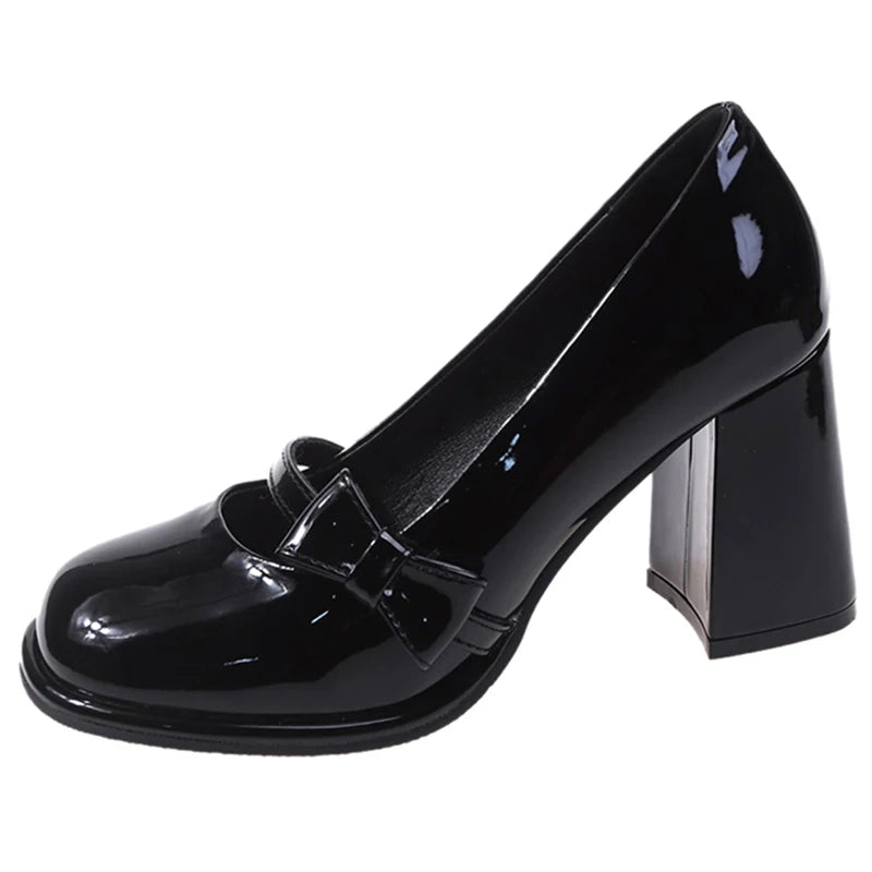 Aiertu Sweet Bowknot High Heels Mary Janes Women Cute Round Toe Patent Leather Pumps Woman Slip-On Square Heeled Bow Party Shoes Ladies Aiertu